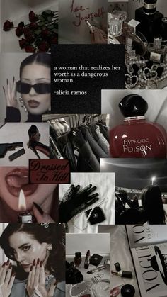 a collage of photos with women's perfumes and other items in them