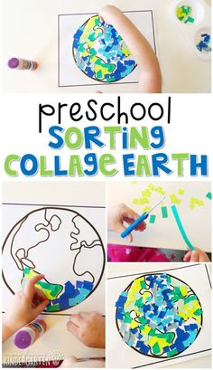 this is an image of a collage of pictures with the words preschool sorting and collage