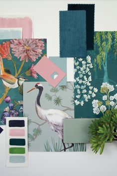 an assortment of wallpapers with flowers, birds and plants on them in shades of green