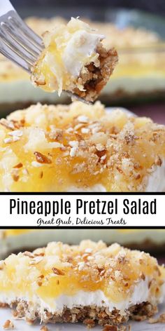 a piece of pineapple pretzel salad is being lifted from the casserole