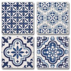 four blue and white tile designs