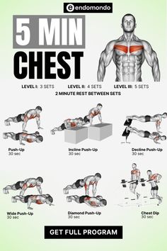 the 5 minute chest workout is shown in this graphic style, with instructions to perform it