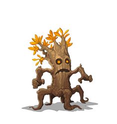 a cartoon tree with yellow leaves on it's trunk and eyes, standing in front of a white background