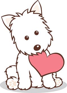 a cute little white dog holding a heart in its paws royalty - art stock photo