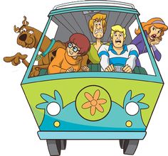 cartoon characters riding in the back of a bus with top 10 on it's side