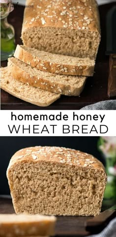 homemade honey wheat bread is cut in half and stacked on top of each other