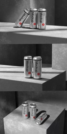 three cans of soda sitting on top of a shelf