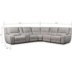 the reclining sectional sofa is shown with measurements for each seat and back end section