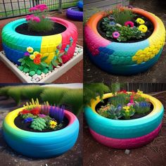 colorful tire planters with flowers and plants in them