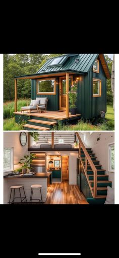 two pictures showing the inside and outside of a tiny house with stairs leading up to it