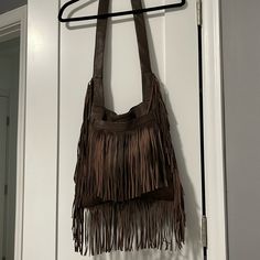 Great Looking ! Zip Inside Comoartment Soft Leather Brown Fringe Bag For Everyday Use, Trendy Brown Hobo Bag With Fringe, Brown Fringe Pouch Shoulder Bag, Leather Fringe Pouch Bag, Brown Fringe Satchel Bag, Brown Fringe Bag For Daily Use, Brown Fringe Pouch Bag, Brown Fringe Shoulder Bag For Daily Use, Brown Fringe Bags For Daily Use