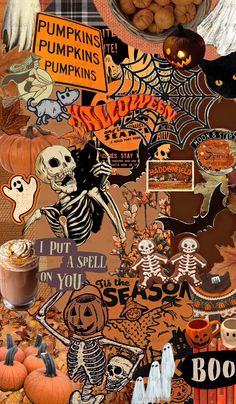 halloween collage with pumpkins, jack - o'- lanterns and skeleton stickers