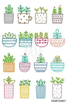 many potted plants with different colors and designs on white background royalty - art illustration