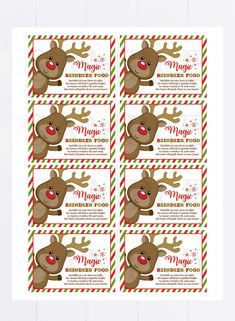 four christmas gift tags with reindeers on them and candy canes in the background