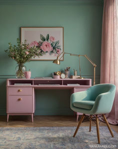 a pink desk and chair in front of a green wall with flowers on the table