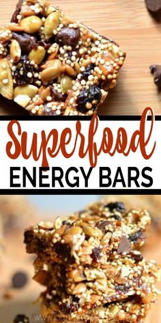 some kind of energy bar with chocolate chips and nuts on top, and the words superfood energy bars above it