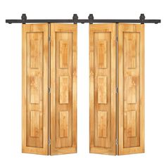 an open wooden door with black metal handles