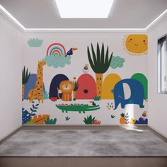 an animal themed wall mural in a children's room