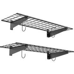 two metal shelfs with hooks attached to the bottom and one hanging on each side