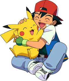 a person hugging a pokemon stuffed animal on top of his lap and smiling at the camera