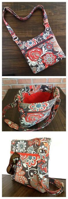 two pictures of the same purse with different patterns on it, one in red and blue