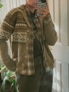 Goblincore Masculine, Nature Academia Outfit, Cryptid Academia Outfits, Grandpacore Outfit, Difficult Gracie Abrams, Masculine Cottagecore Outfits, Green Academia Outfit, Earth Tone Outfits Aesthetic, Earth Colors Outfit