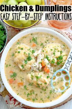 chicken and dumplings easy step - by - step instructions in a bowl with a spoon