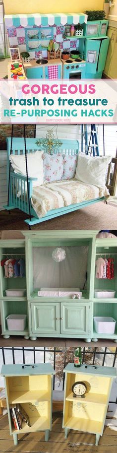 an old dresser turned into a baby crib and changing table with the words gorgeous fresh refreshments painted on it