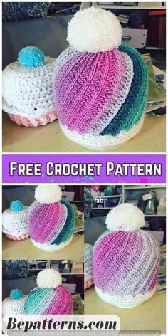 crocheted hats with pom poms are shown in different colors and sizes