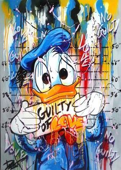 a painting of a ducky bird with graffiti on it's face and hands