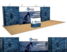 an exhibition stand with blue and white backdrops