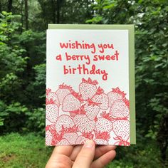 Birthday Letterpress Greeting Card: "Berry Candy"  Strawberry Birthday Handwritten Birthday Cards, Thank You Card Ideas, Strawberry Birthday Card, Birthday Card Hand Drawn, Berry Sweet Birthday, Greeting Cards Handmade Birthday, Letterpress Machine, Happy Birthday Cards Diy, Strawberry Birthday