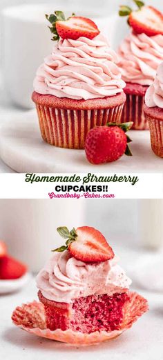 strawberry cupcakes with cream cheese frosting and strawberries on top are shown