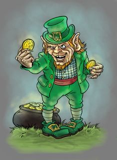 a drawing of a lepreite holding a coin