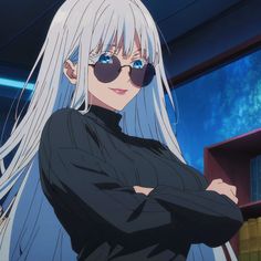 an anime character with long white hair and sunglasses