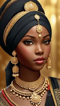 an african woman wearing a black turban and gold jewelry