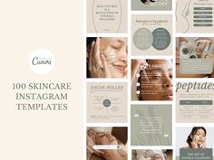 a collage of images with the words, 100 skin care instagram templates