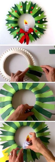 three pictures showing how to make a paper wreath