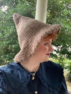 This is a cute crocheted witch hat that I made and designed myself. It's perfect for spooky season jaunts around corn mazes, apple orchards, pumpkin patches, cemeteries, costume parties, or grocery stores! The shape is flexible, so there are various ways to style it- bend the pointy top down to a jaunty angle or use a fashionable brooch to pin up the brim on one side! This hat fits a small adult head with a bit of stretch and some extra room in case you have more hair than I do. Size Adult Small Crochet Wizard Hat, Crochet Wizard, Crochet Witch Hat, Snitches Get Stitches, Dusty Brown, Apple Orchards, Brown Crochet, Pumpkin Patches, Hat Fits