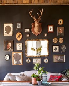 a living room with pictures on the wall and a deer head mounted to the wall