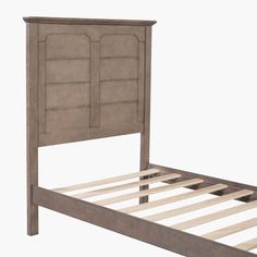 a wooden bed frame with two doors on the top and bottom sides, against a white background