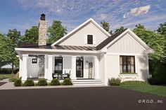 this is a computer rendering of the front elevation of a small, white cottage house