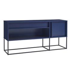 an image of a blue cabinet with two shelves on one side and black metal legs