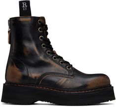 Handcrafted ankle-high buffed leather boots in black. · Fading and distressing throughout · Lace-up closure · Logo-embroidered pull-loops at collar · Zip closure at heel · Grained leather lining · Topstitching at welt · Foam rubber platform midsole · Treaded Vibram® rubber sole · Platform: H1.75 Supplier color: Remove Logo Embroidered, Leather Boots, Apparel Accessories, Rubber Sole, Ankle Boots, Top Brands, Lace Up, Luxury Fashion, Outfit Accessories