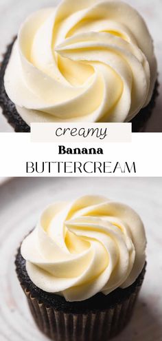 an image of two cupcakes with white frosting on them and the words creamy banana buttercream