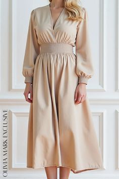 Olivia Mark - Elegant Beige Wrap Midi Dress with Elasticated Waist and Long Sleeves Wrap Midi Dress, Olivia Mark, Midi Dress, Long Sleeves, Long Sleeve