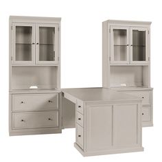 Our Tuscan Collection offers the custom versatility and finishing of a built-in at a fraction of the cost so you can utilize every square inch of space. Crafted of wood and wood veneers. Our Desk Return includes the right leg, left cabinet and work surface. The Hutch coordinates with the Double Lateral File to create display space and file storage. Hutch doors have beveled glass fronts and includes recessed interior lighting. Two adjustable shelves and cable ports on either side make component h Office Sewing Room Combo, Office Ideas Double Desk, Office Desk And Cabinets, Ikea Double Desk, Built In Office Desk, Desk Ideas Ikea, Double Desk Office, Built In Office Desk And Cabinets, Double Desk Ideas