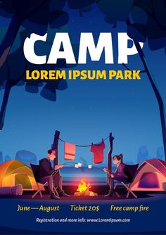 a camp poster with two people sitting at a campfire and camping tents in the background