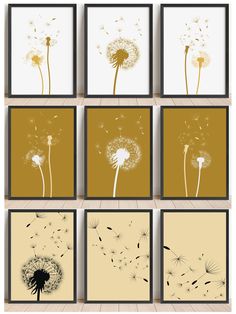 six dandelions are shown on the wall in this set of four prints, each with