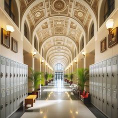 the hallway is lined with lockers and planters, along with two benches on either side